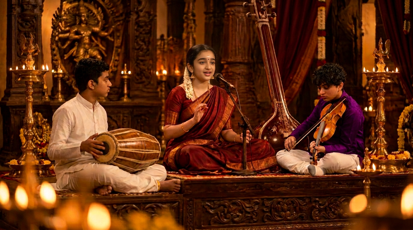 Kacheri setup: singer at the microphone with mridangam and violin players beside a lit brass lamp